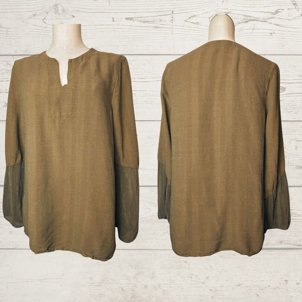 Tianello M Virgin Tunic Tencel Rayon V Neck Flare Sheer Sleeve Boho Made in USA